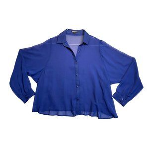 Express Size S Sheer Lightweight Blue Button Down Flowy Long Sleeve Blouse